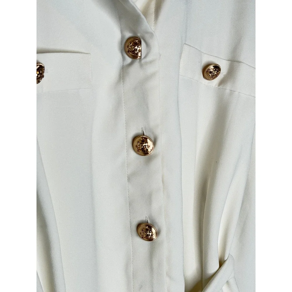 Ann Taylor Ivory Gold Button Tie Waist Midi Dress Old Money Career - Picture 5 of 11